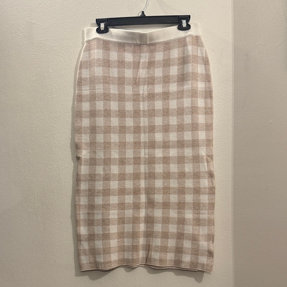 JOIE Neutral Gingham Pencil Skirt - Beige and White